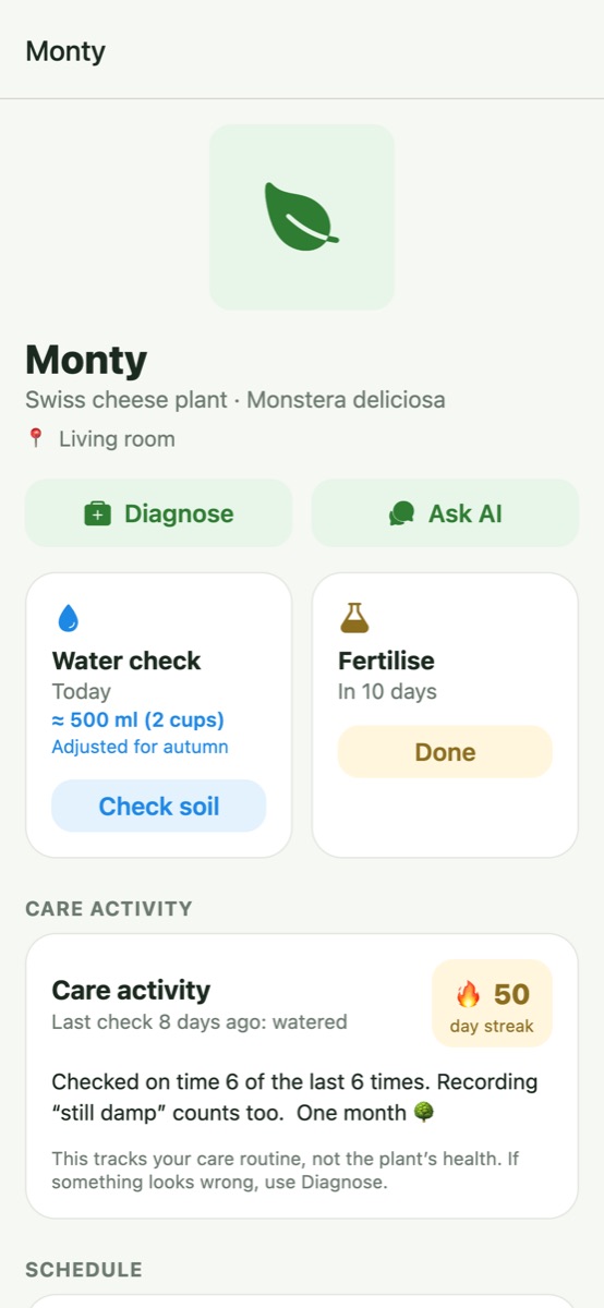 Plant page: watering amount, health score and schedule