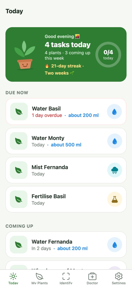 Today screen: what to water and feed today, with amounts
